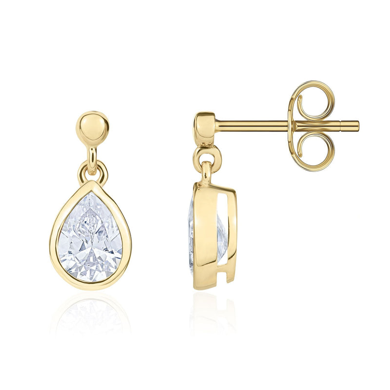 9ct Yellow Gold Pear Shaped Cubic Zirconia CZ Rubover Drop Earrings — 7x5mm