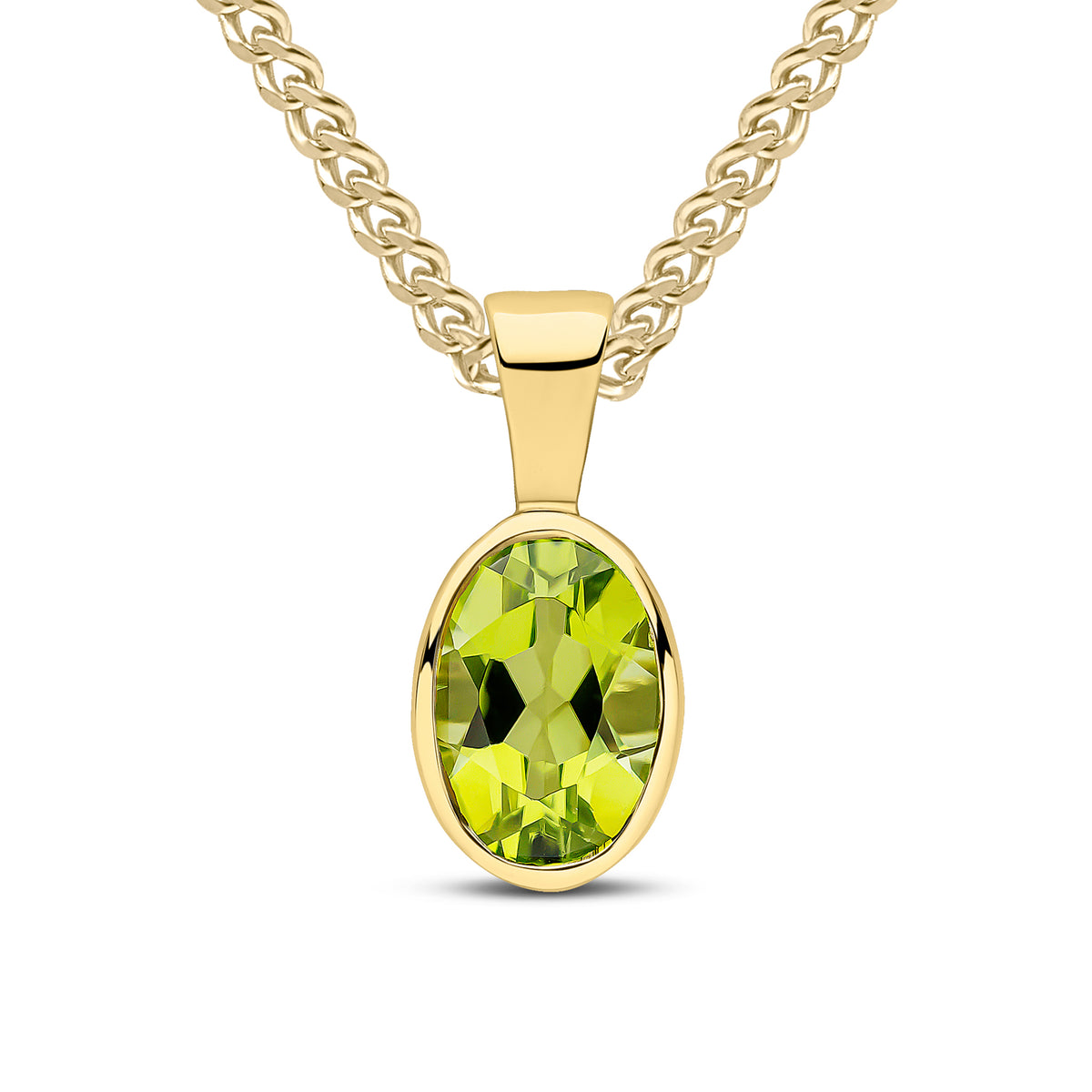 9ct Yellow Gold Oval Natural Peridot Rubover Pendant — 7x5mm