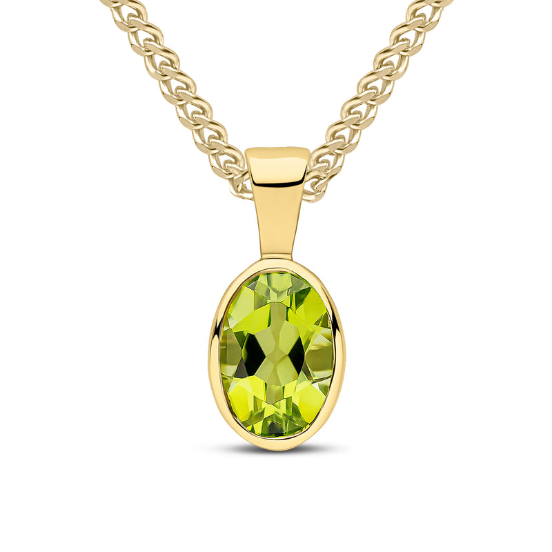 9ct Yellow Gold Oval Natural Peridot Rubover Pendant — 7x5mm