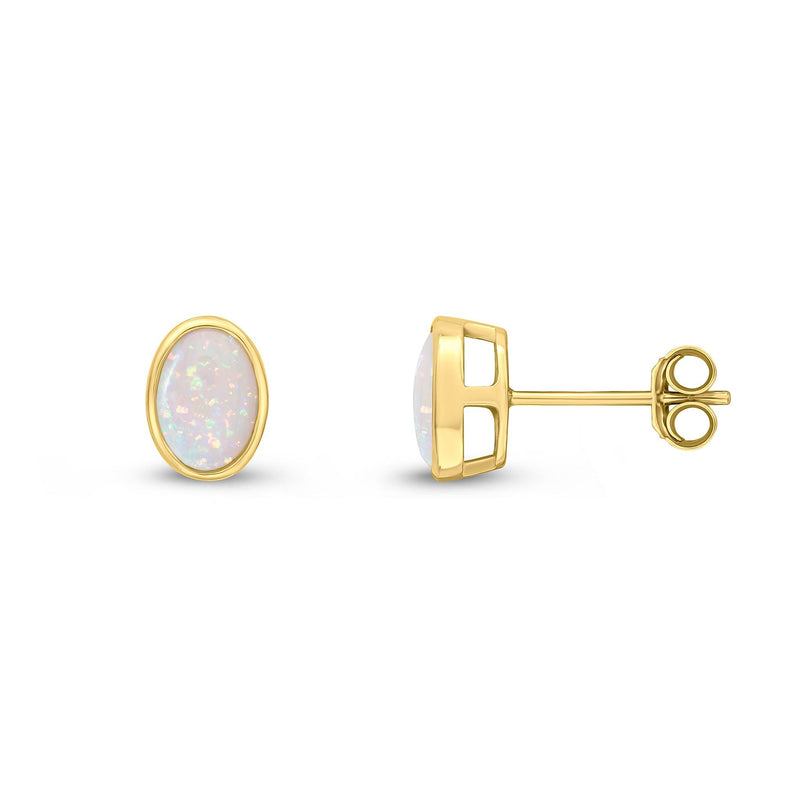 9ct Yellow Gold Oval Natural Opal Rubover Stud Earrings — 7x5mm