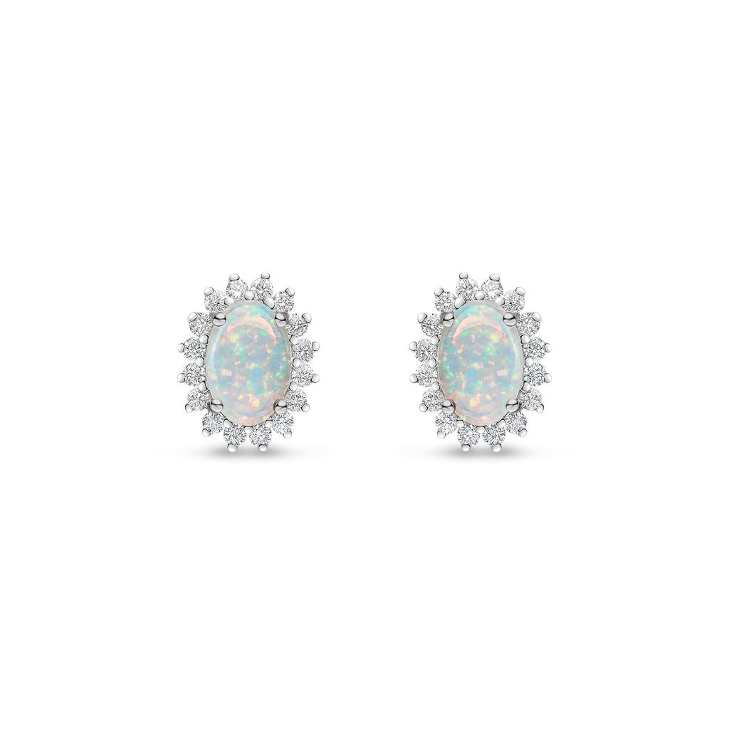 18ct White Gold Oval Natural Opal and Round Diamond Claw Set Cluster Stud Earrings — 6x4mm