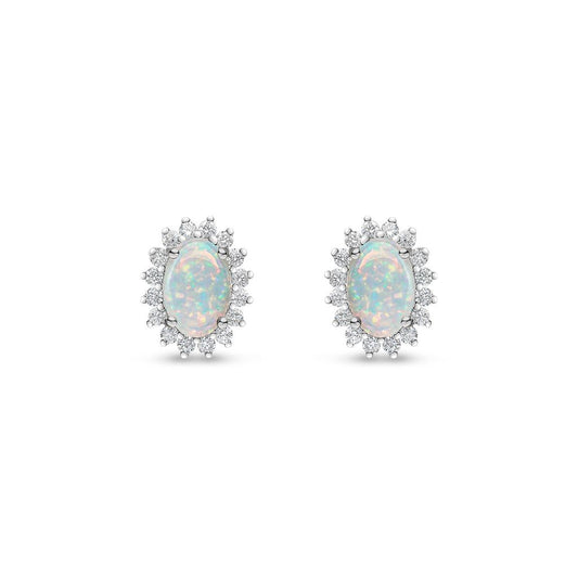 18ct White Gold Oval Natural Opal and Round Diamond Claw Set Cluster Stud Earrings — 6x4mm