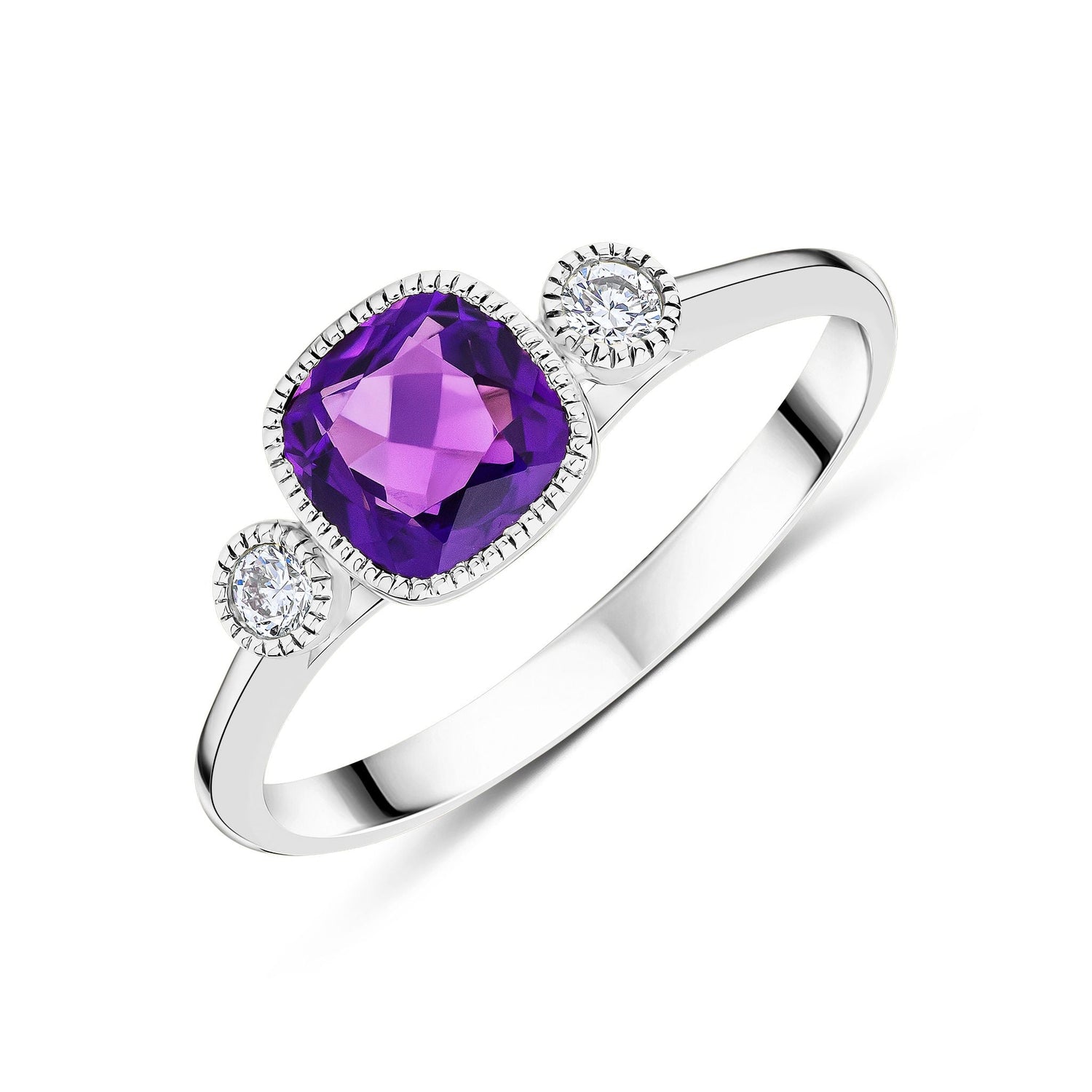 9ct White Gold Cushion Amethyst & Round Diamond Millegrain Set Three Stone Ring — 6mm