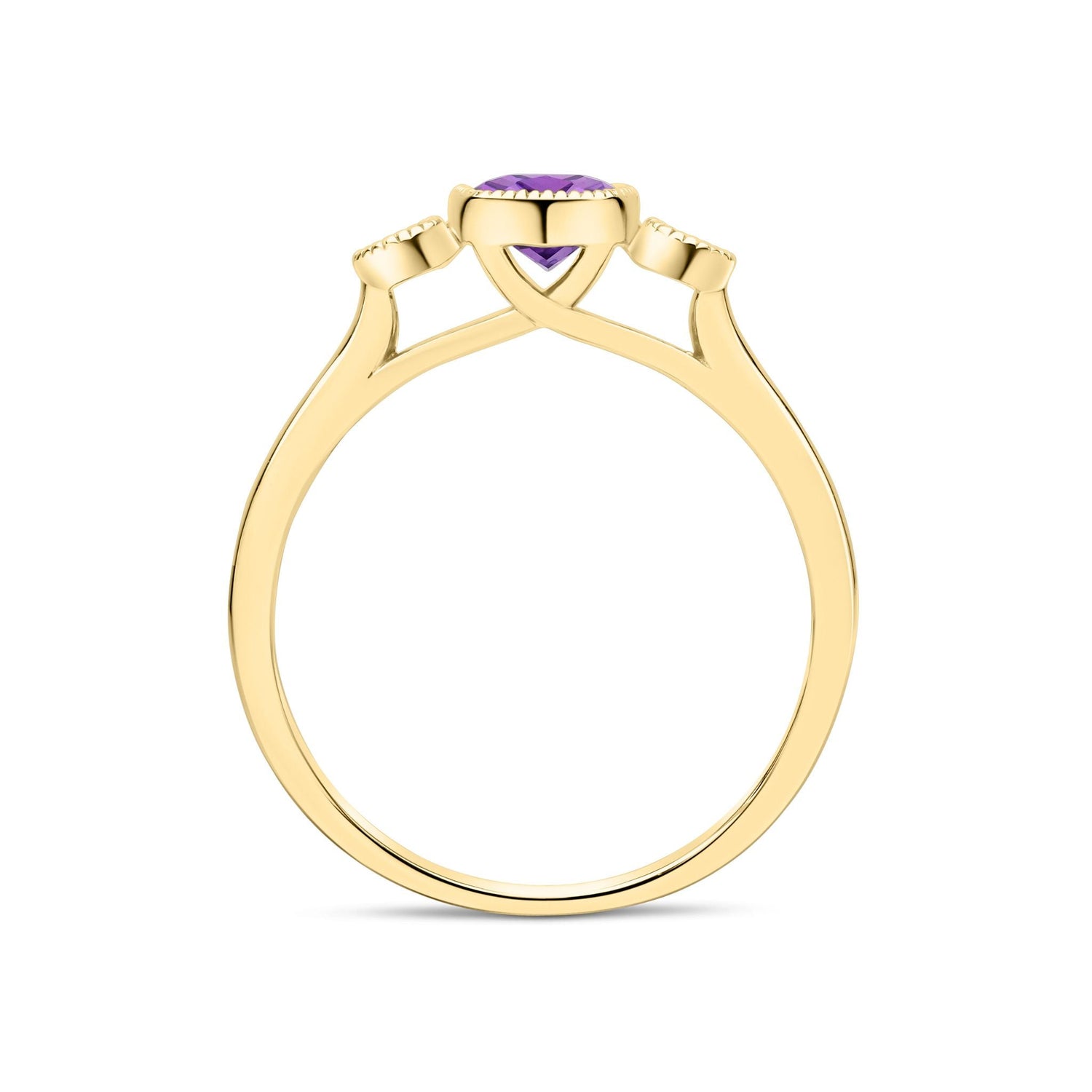 9ct Yellow Gold Cushion Amethyst & Round Diamond Millegrain Set Three Stone Ring — 7x5mm
