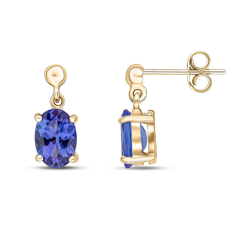 9ct Yellow Gold Oval Natural Tanzanite Claw Drop Earrings — 7x5mm