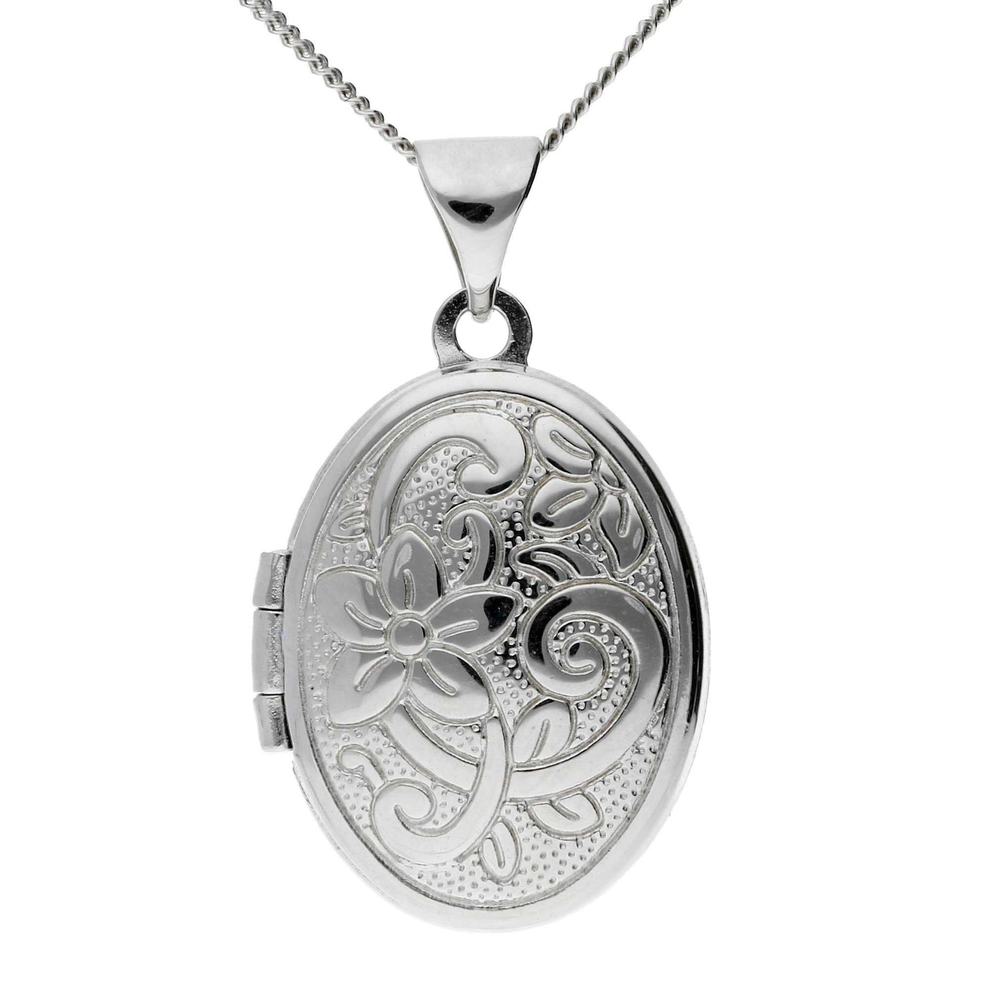 Sterling Silver Round Locket with Embossed Flowers 