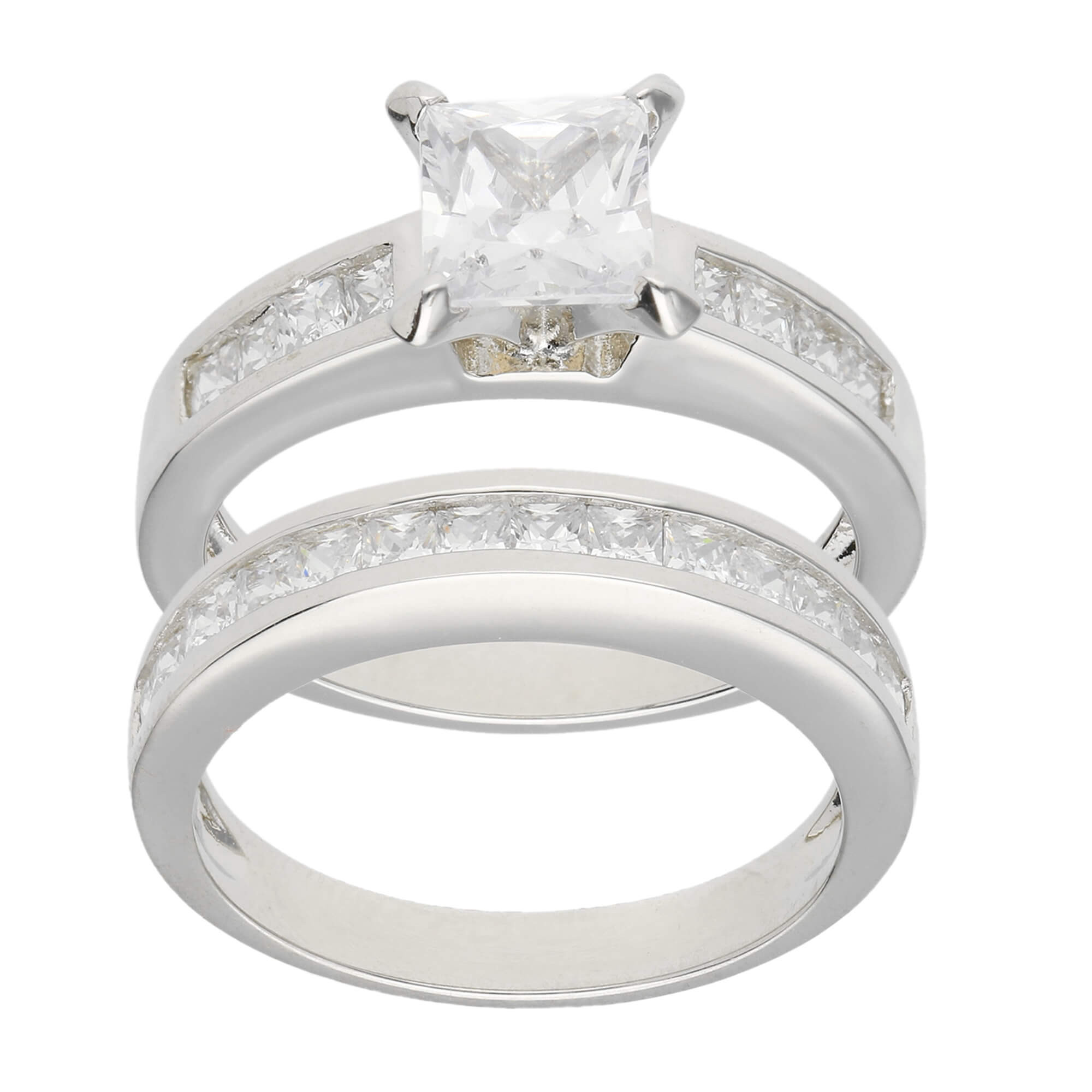 Sterling Silver Cubic Zirconia Princess Cut Bridal Set Rings