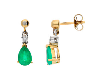9ct Yellow & White Gold 7mm Emerald & Diamond Pear Shape Drop Earrings