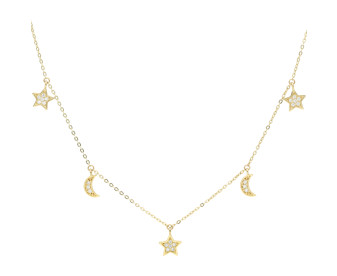 9ct Yellow Gold Hanging Star & Moon CZ Charm Necklace 