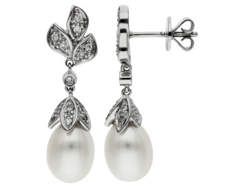 9ct White Gold Pearl & Diamond Floral Drop Earrings
