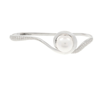 Sterling Silver & Rhodium Plated Cubic Zirconia & Pearl Pirouette Three Finger Ring