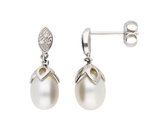 9ct White Gold Pearl & Diamond Drop Earrings