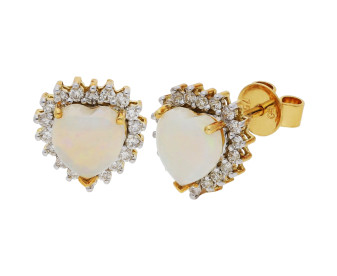 18ct Yellow Gold Diamond & Opal Heart Earrings