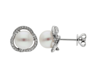 18ct White Gold Pearl & Diamond Fancy Halo Stud Earrings