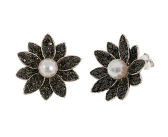 Sterling Silver 6mm Akoya Pearl & Gem-Set Flower Cluster Earrings