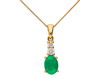 9ct Yellow Gold 7mm Emerald & Diamond Oval Shape Pendant