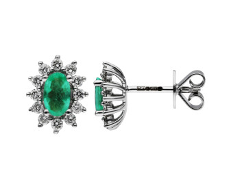 18ct White Gold Emerald & Diamond Oval Halo Stud Earrings