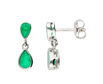9ct White Gold Emerald Double Drop Pear Shape Earrings 