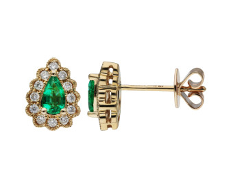 9ct Yellow Gold Emerald & Diamond Pear Shaped Halo Earrings