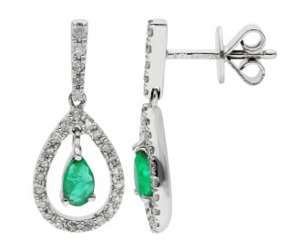 18ct White Gold Emerald & Diamond Pear Shape Drop Earrings