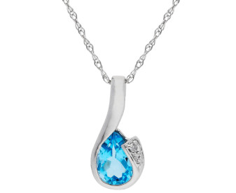 9ct White Gold Blue Topaz & Diamond Curl Pendant Necklace