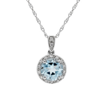 9ct White Gold Aquamarine & Diamond Halo Pendant Necklace
