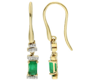 9ct Yellow Gold Emerald & Diamond Deco Drop Earrings