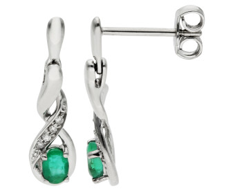 9ct White Gold Emerald & Diamond Twist Drop Earrings