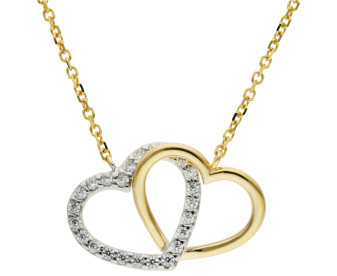 9ct Yellow Gold Double Heart Cubic Zirconia Pendant Necklace