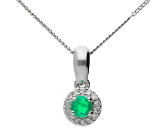 9ct White Gold Emerald & Diamond Pendant