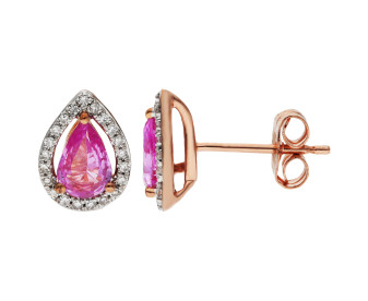 9ct Rose Gold Pink Sapphire & Diamond Pear Shape Halo Stud Earrings