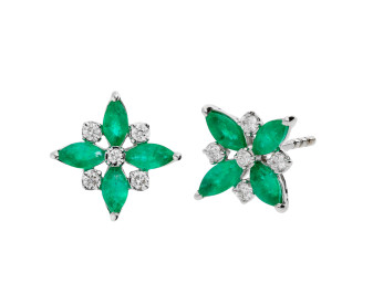 18ct White Gold Emerald & Diamond Flower Stud Earrings