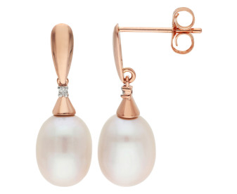 9ct Rose Gold Freshwater Pearl & Diamond Drop Earrings