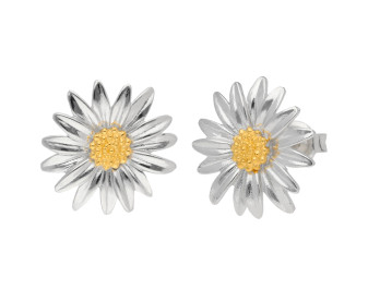 Silver & Yellow Gold Daisy Flower Stud Earrings