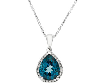 9ct White Gold London Blue Topaz & Diamond Pear Shape Halo Pendant Necklace