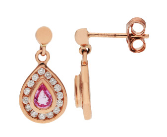 9ct Rose Gold Pink Sapphire & Diamond Pear Shape Halo Drop Earrings