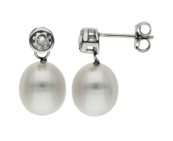Sterling Silver White Cultured Pearl & CZ Drop Earrings