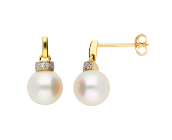 9ct Yellow Gold Pearl & Diamond Drop Earrings