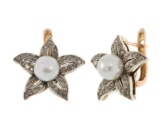 Handcrafted Italian 9ct Rose Gold Pearl & Diamond Flower Earrings