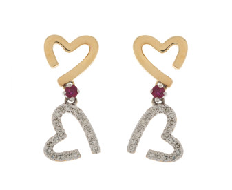 9ct Yellow Gold Diamond & Ruby Double Drop Heart Earrings