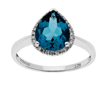 9ct White Gold London Blue Topaz & Diamond Pear Shape Halo Ring