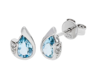 9ct White Gold Aquamarine & Diamond Curl Stud Earrings