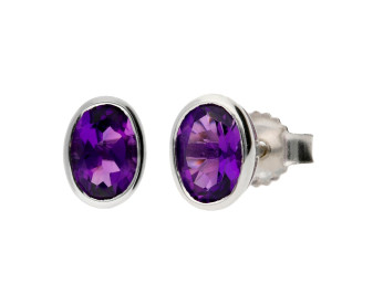 9ct White Gold 6mm Amethyst Solitaire Oval Shape Stud Earrings 