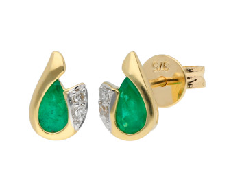 9ct Yellow Gold Emerald & Diamond Curl Stud Earrings 