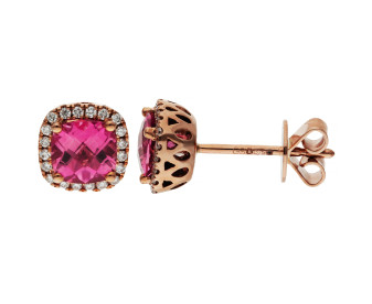 9ct Rose Gold Pink Tourmaline & Diamond Halo Stud Earrings