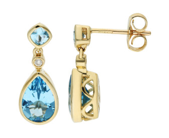 9ct Yellow Gold Swiss Blue Topaz & Diamond Drop Earrings