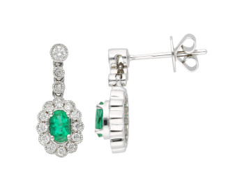 9ct White Gold Diamond Oval Scallop Emerald Drop Earrings