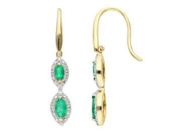 9ct Yellow Gold Emerald & Diamond Marquise Drop Earrings