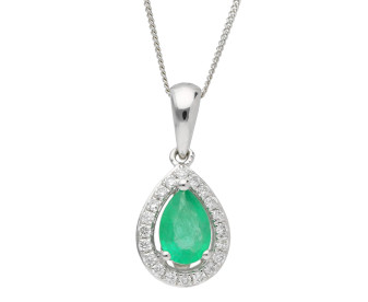 9ct White Gold Emerald & Diamond Pear Shape Pendant