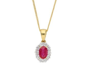 18ct Yellow Gold Ruby & Diamond Oval Cluster Pendant